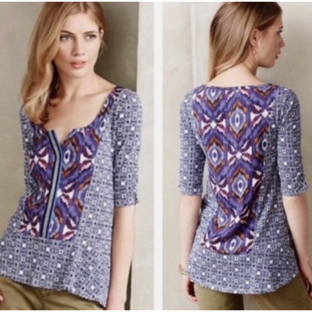 Anthropologie Akemi + Kin Kaleidoscope Aztec Split Neck Blouse Large Blue Purple